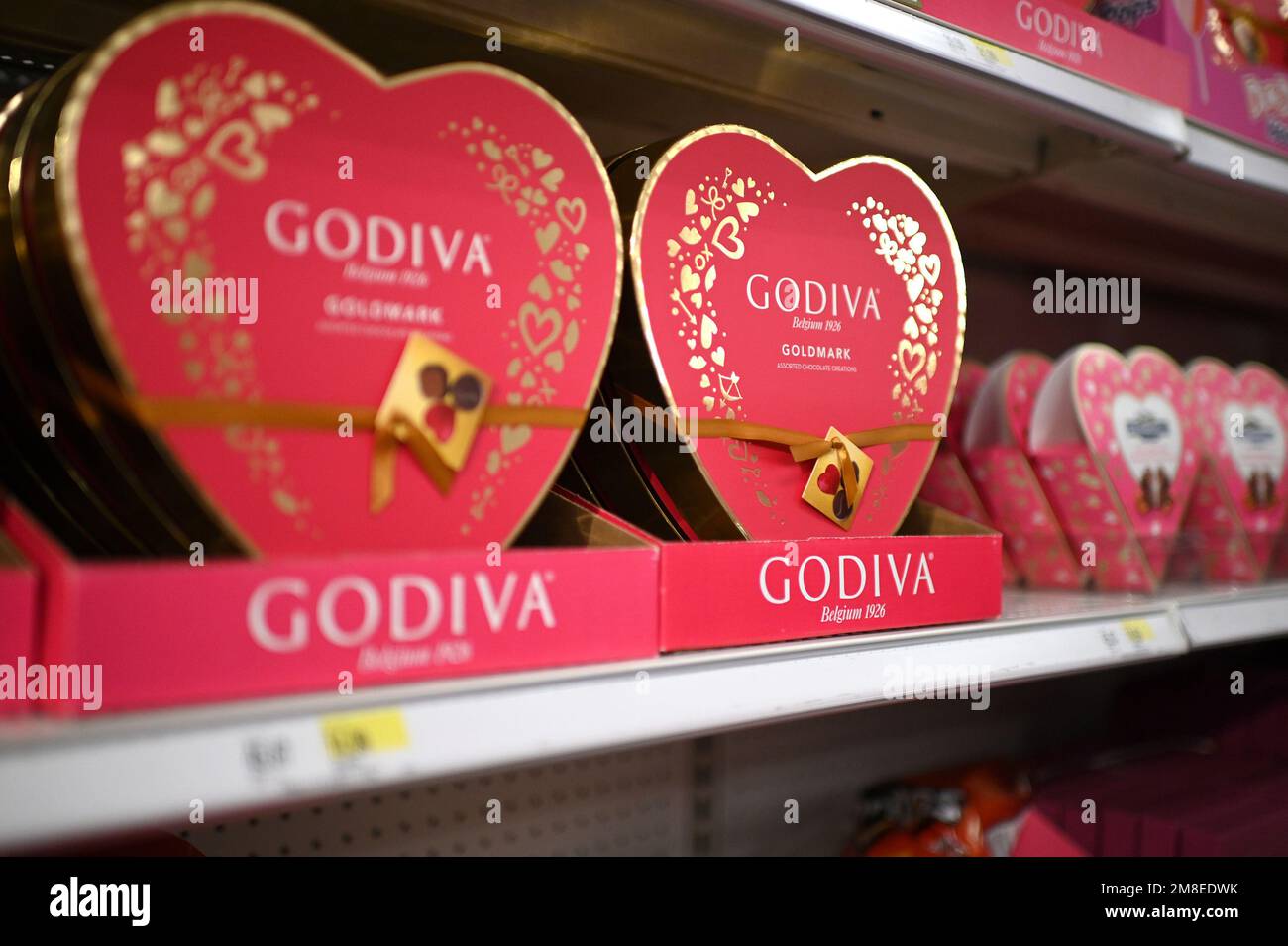New York, USA. 13th Jan, 2023. Heart shaped boxes of chocolate for sale