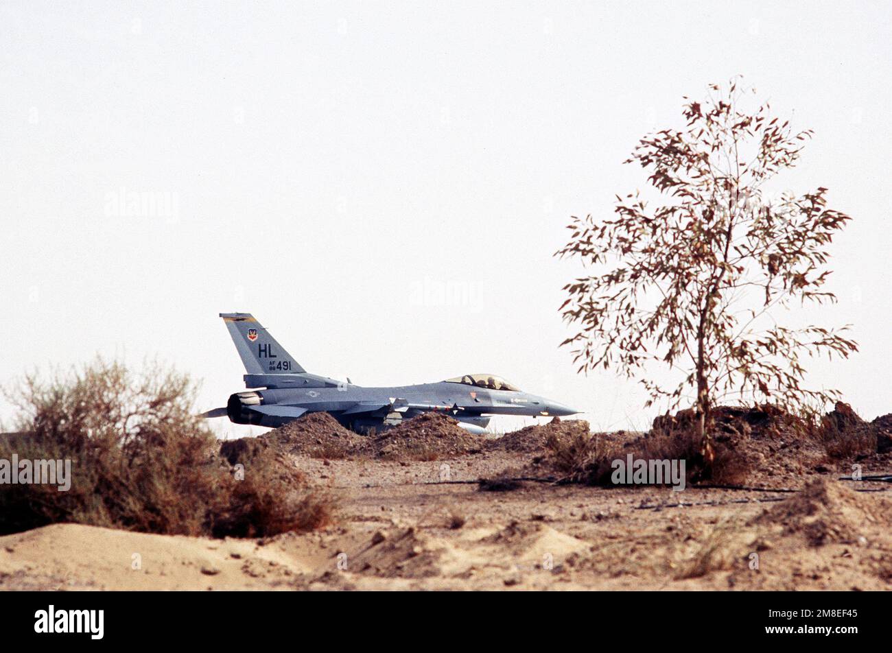 An F16C Fighting Falcon aircraft of the 388th Tactical Fighter Wing stands by in preparation