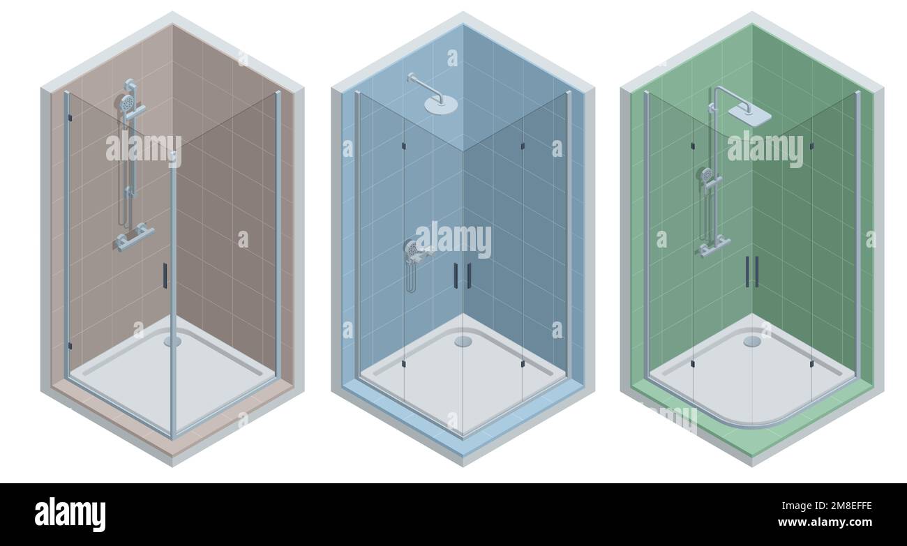 Isometric set of shower stall. Bathroom interior design with shower ...