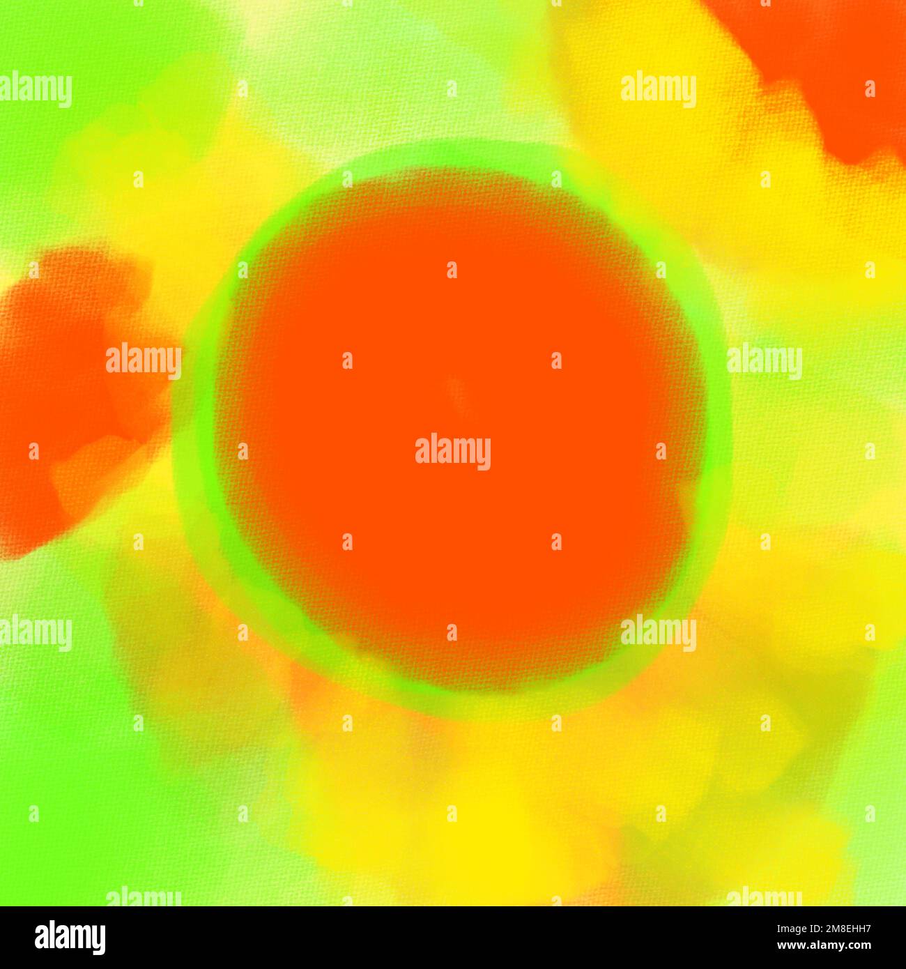 Abstract elements with room for copy orange red circle in the center ringed by fluorescent green in a square format accompanied by vivid yellows Stock Photo