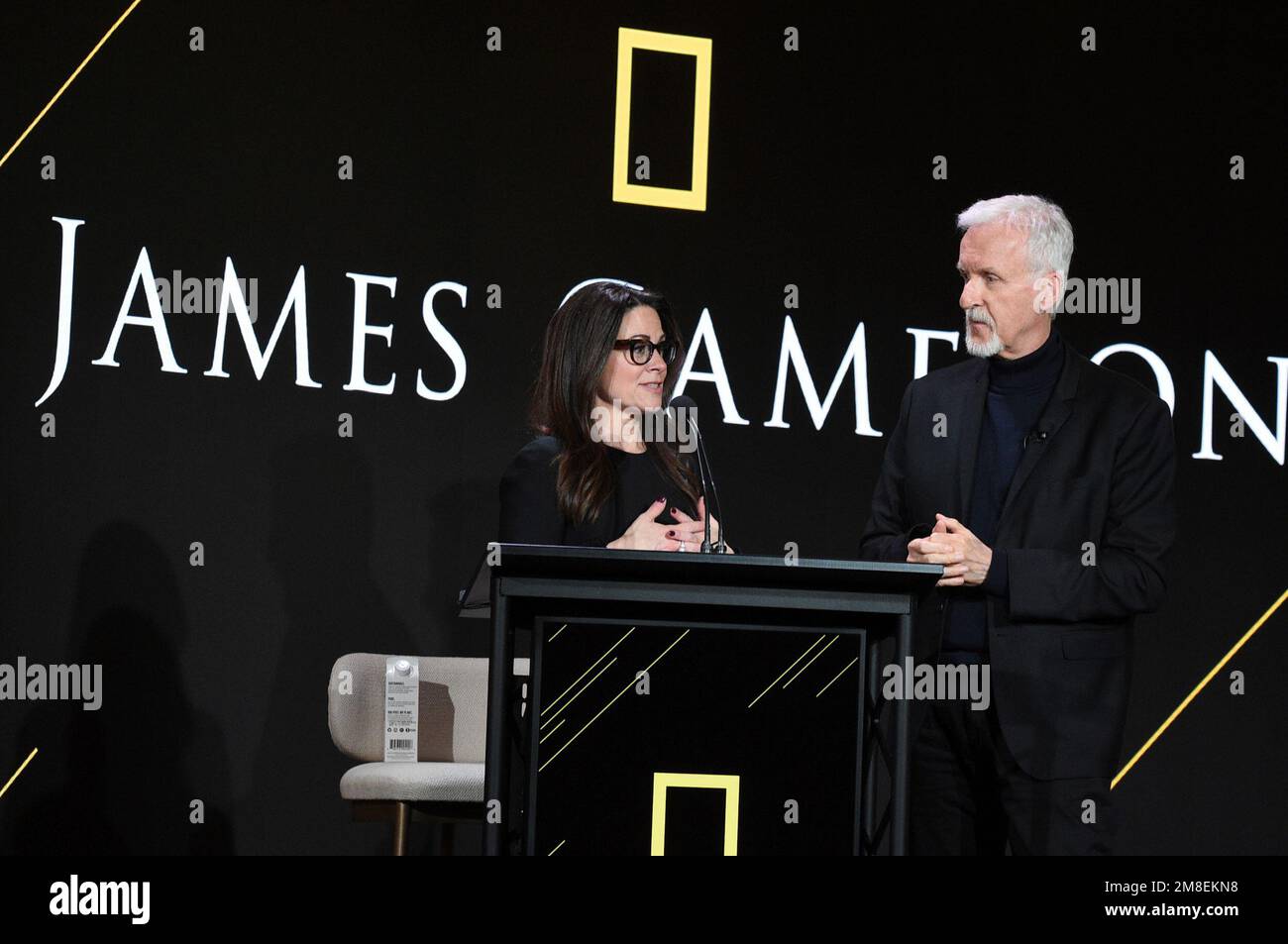 Courteney Monroe, left, and James Cameron participate in the National