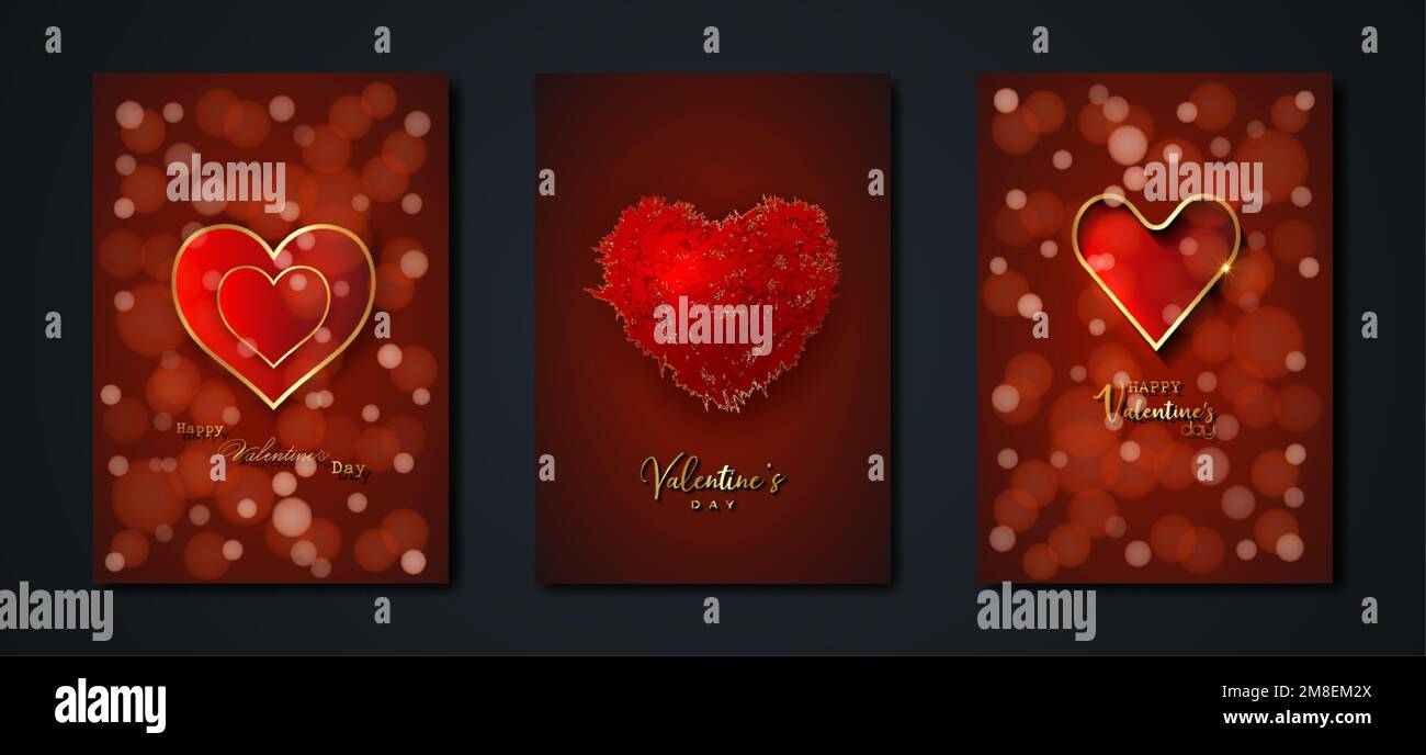 Happy Valentines day vector set greeting card. Gold hearts on red ...