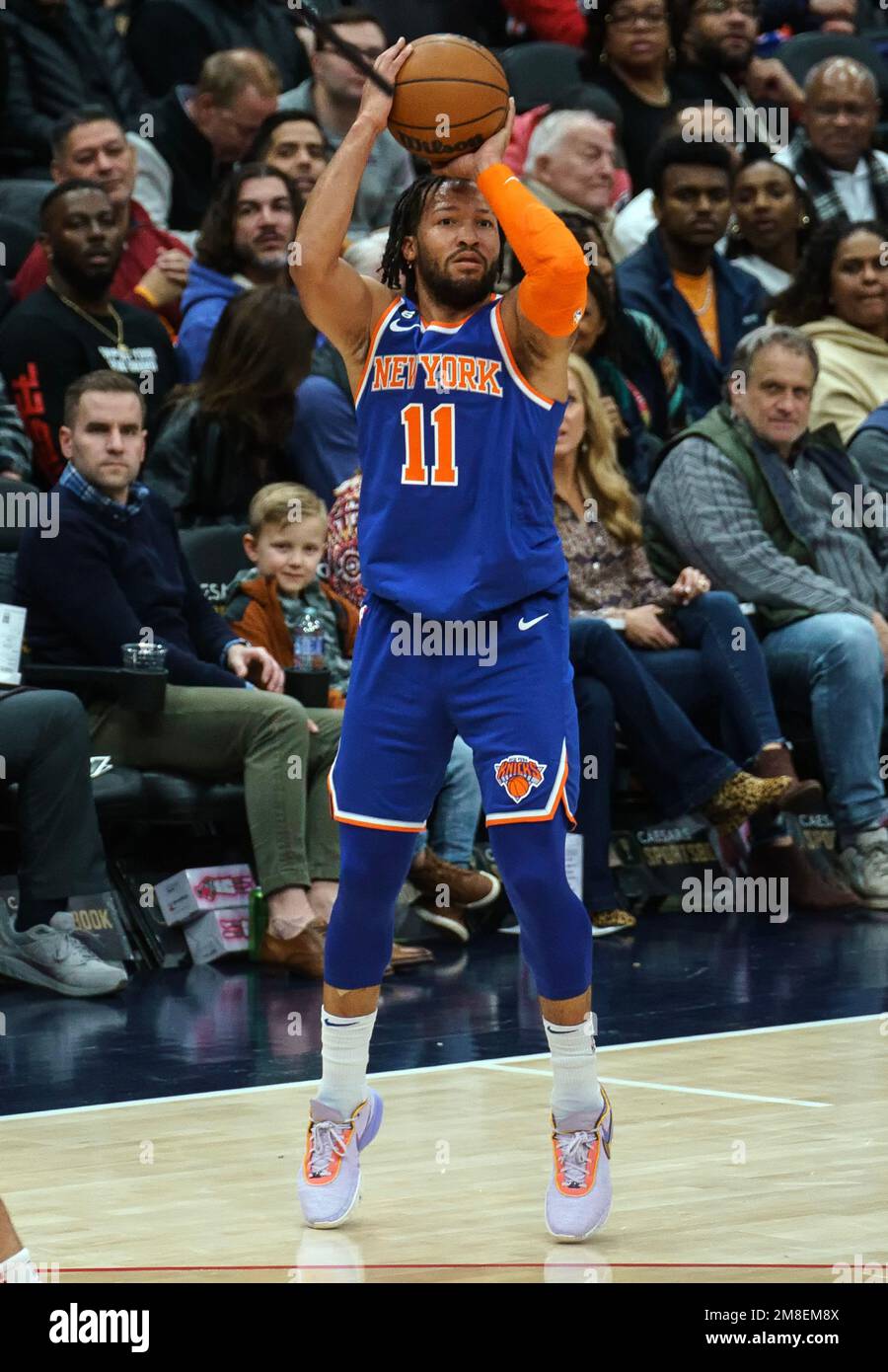 A detail of the shoes of New York Knicks forward Obi Toppin (1) during the  second half of game two of the 2023 NBA playoffs at Rocket Mortgage  FieldHouse.