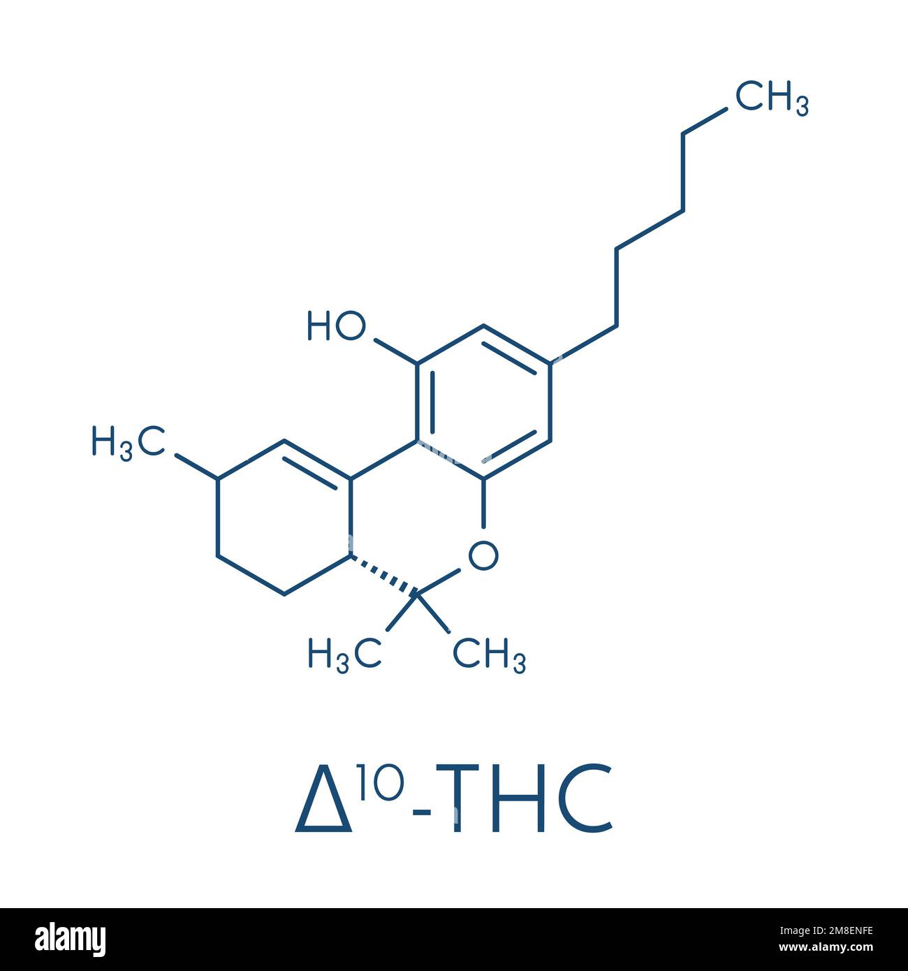 Delta-10-tetrahydrocannabinol (D10-THC) molecule. Isomer of Delta-9-THC. Skeletal formula. Stock Vector