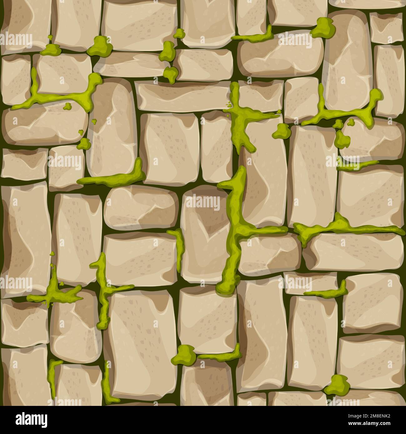 Stone wall, pavement from bricks, rocks with moss , game background in cartoon style, seamless textured surface. Ui game asset, road or floor material. Vector illustration Stock Vector