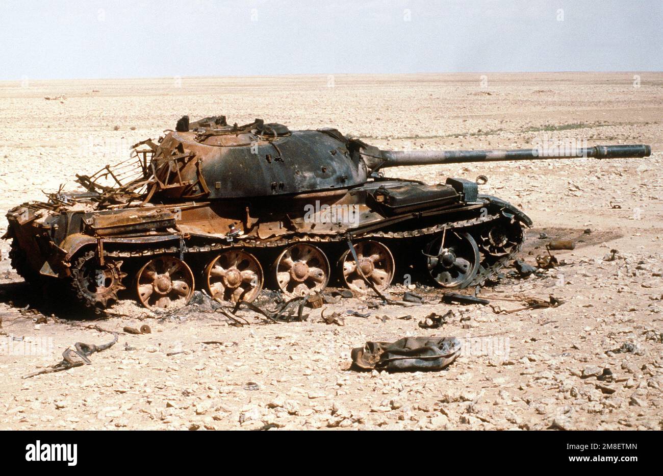A view of an Iraqi T-55 main battle tank destroyed by the