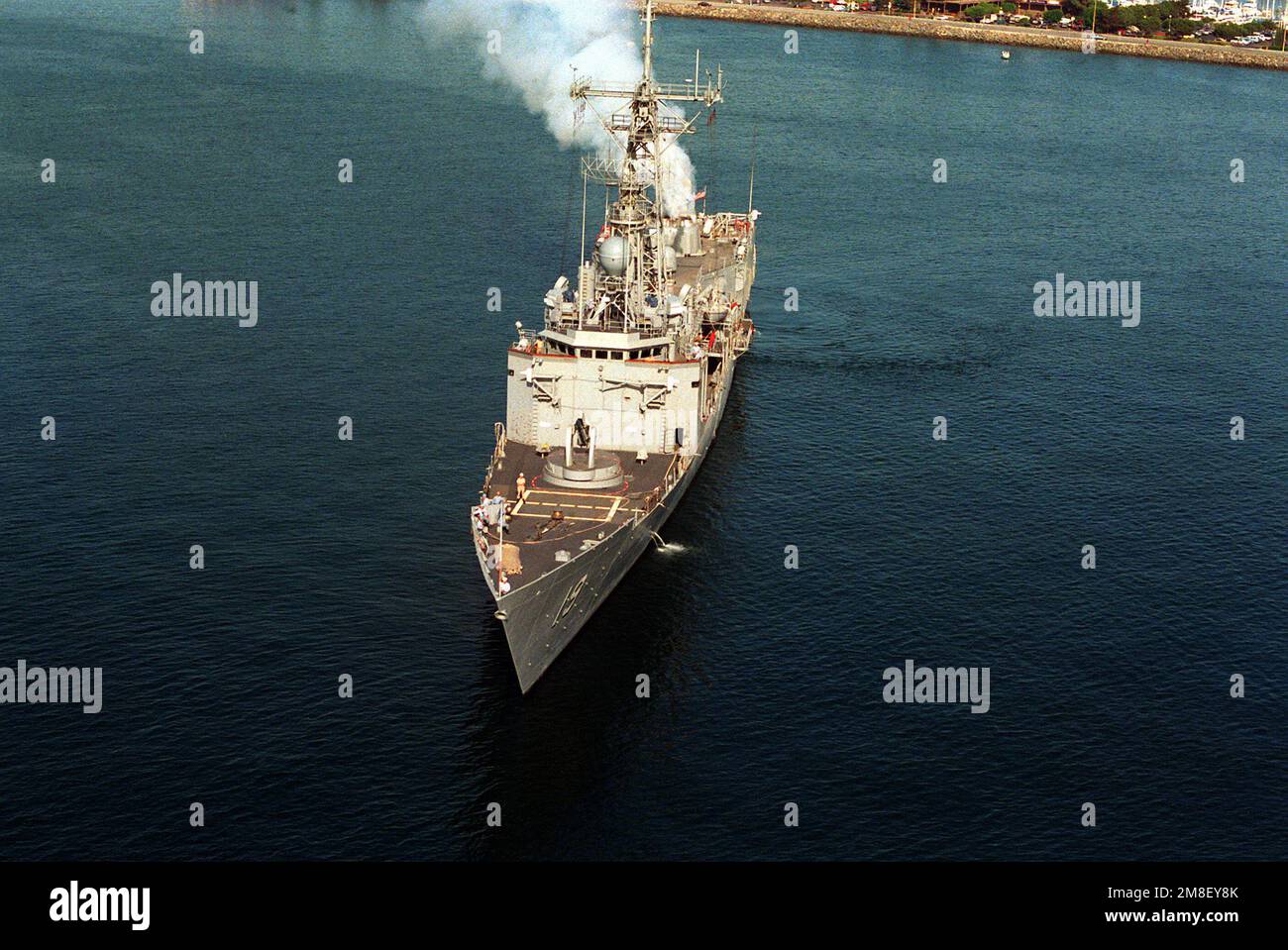 An overhead bow view of the guided missile frigate USS JOHN A. MOORE ...