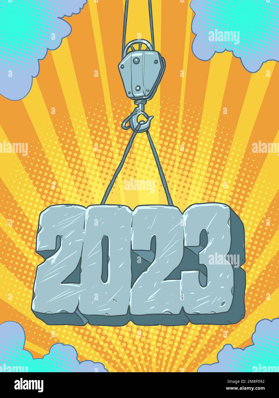 Tower crane holds 2023. Tower crane holds steel and iron 2023. Construction company announces the coming 2023. Stock Vector