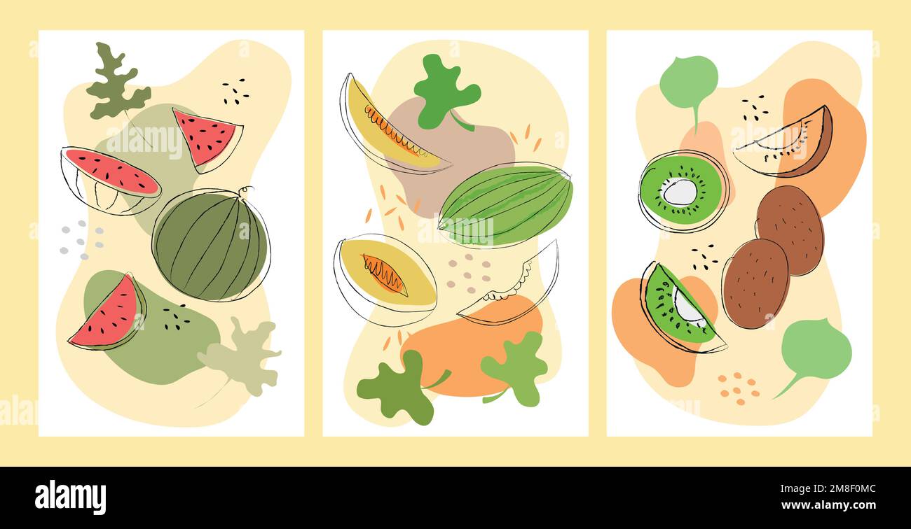 Set of handmade abstract drawing prints of watermelons, melons and