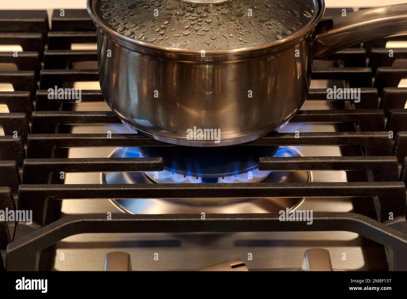 Modern Kitchen stove top cook with pan. Gas flame close up on a natural gas stove range burner with metal grill Stock Photo