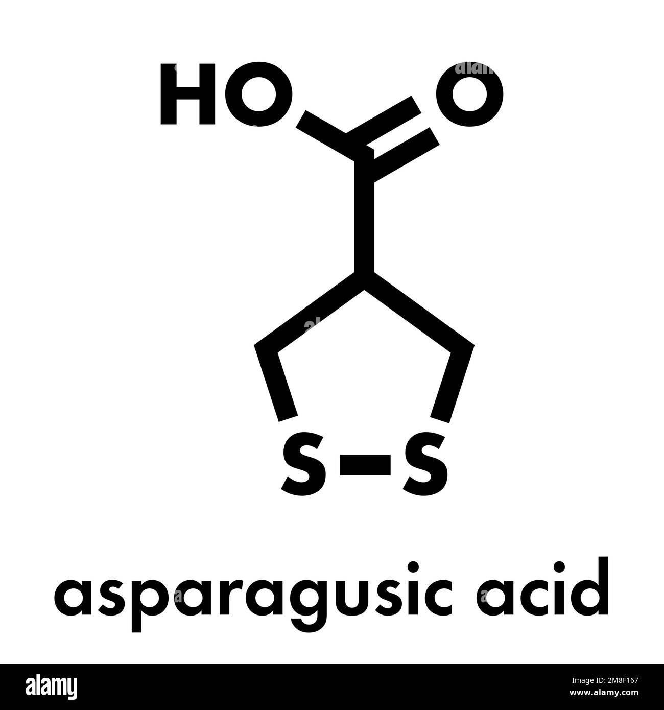Asparagusic acid molecule. Organosulfur compound present in asparagus that is responsible for the typical urine odour after eating asparagus. Skeletal Stock Vector