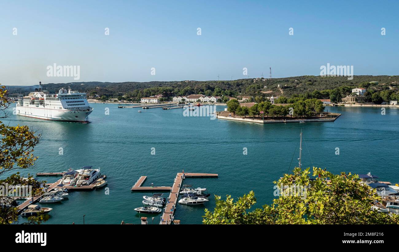 Boats and ferries at Mahon Harbour, Port de Mao, Menorca, Balearic Islands, Balearic Islands, Mediterranean Sea, Spain Stock Photo