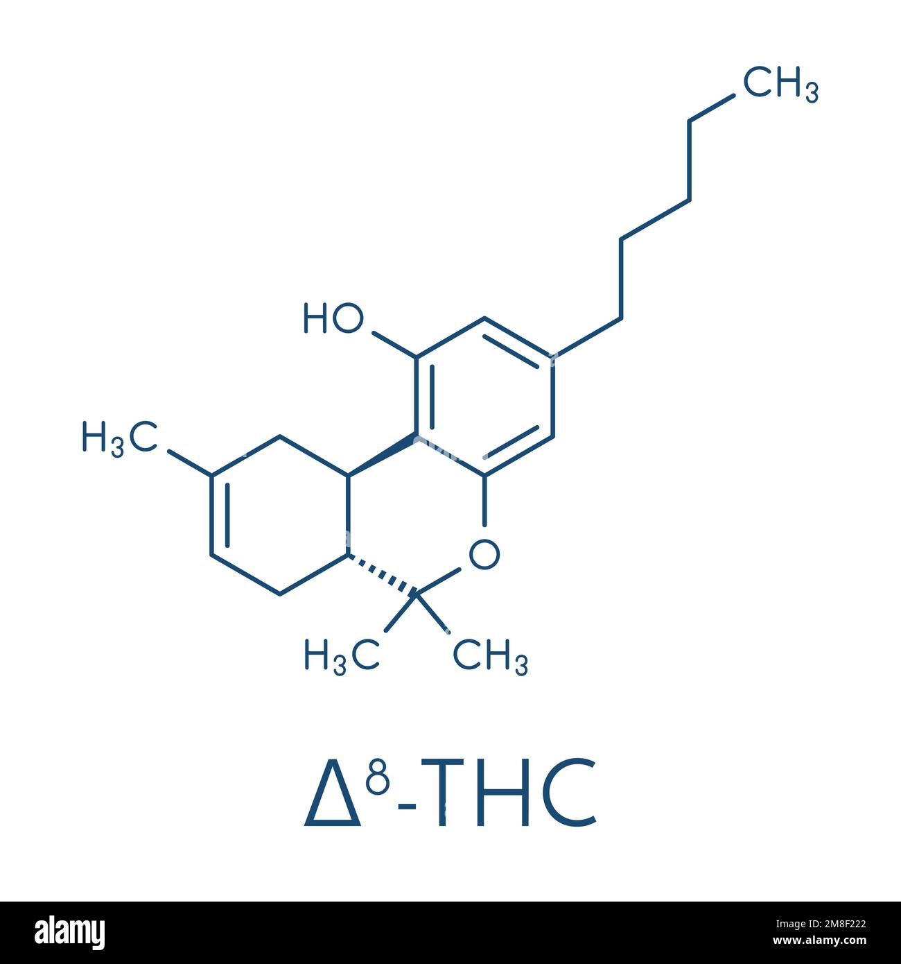 Delta-8-tetrahydrocannabinol (D8-THC) molecule. Isomer of Delta-9-THC. Skeletal formula. Stock Vector