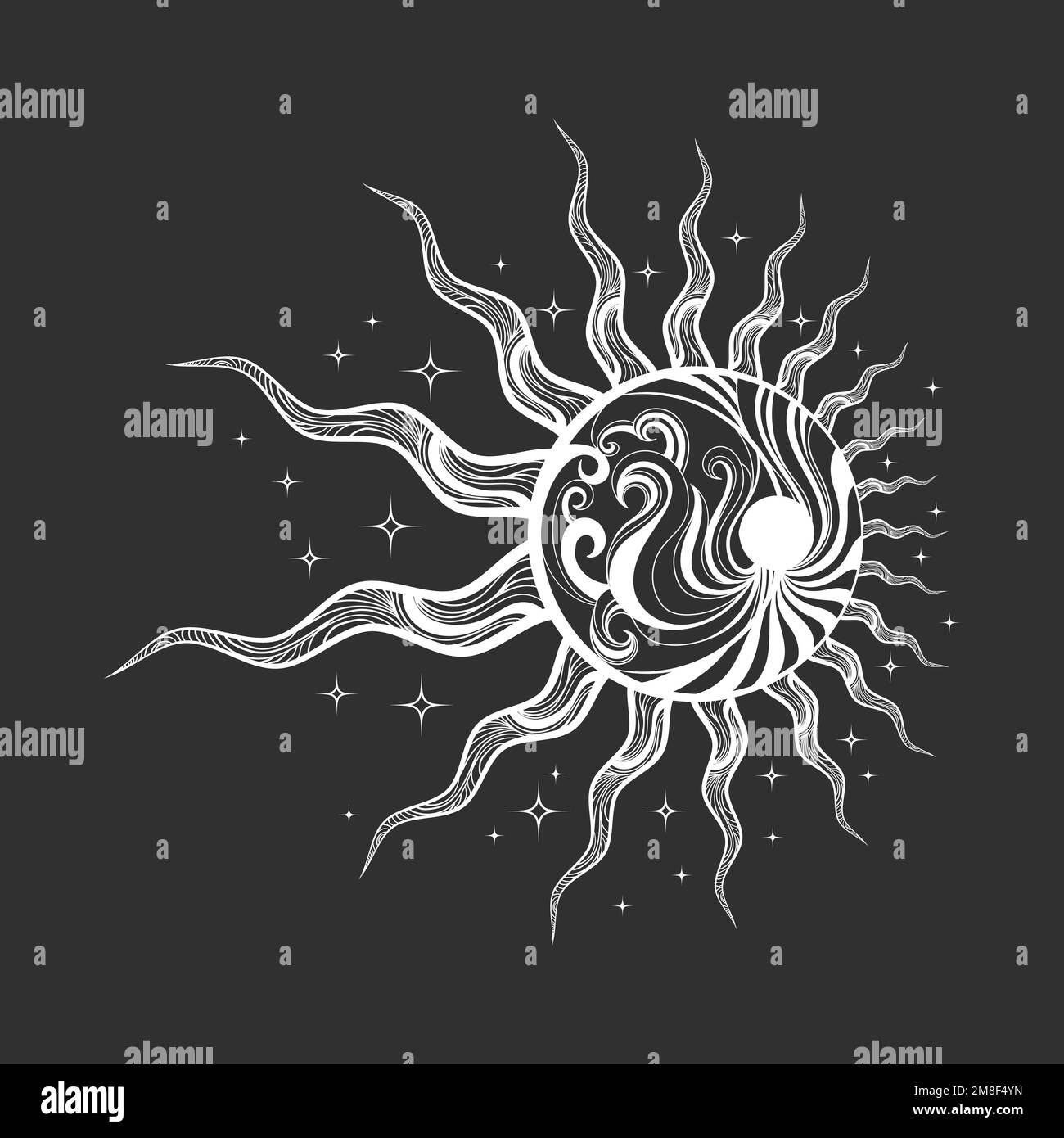 Emblem of Esoteric Emblem of Sun Isolated on Black Background. Vector illustration. Stock Vector