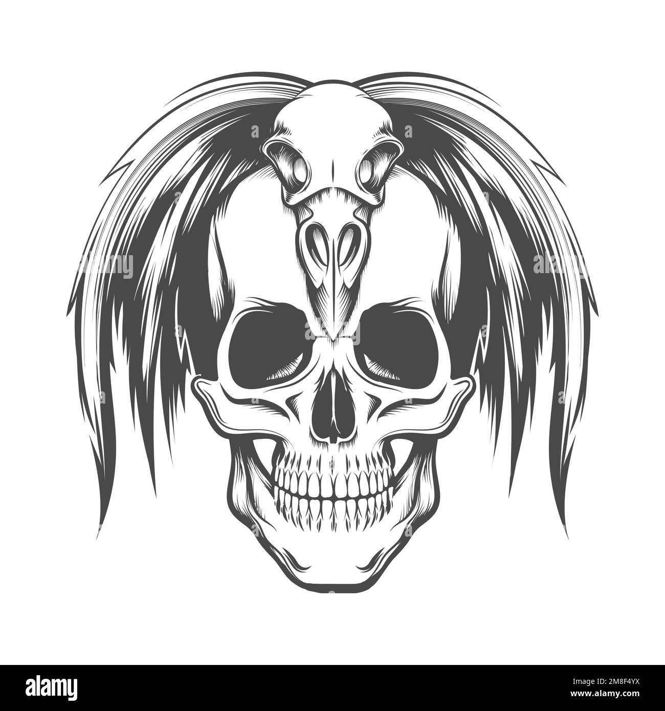 Tattoo of Human Skull in Bird Skull Headdress isolated on white background. Vector illustration. Stock Vector