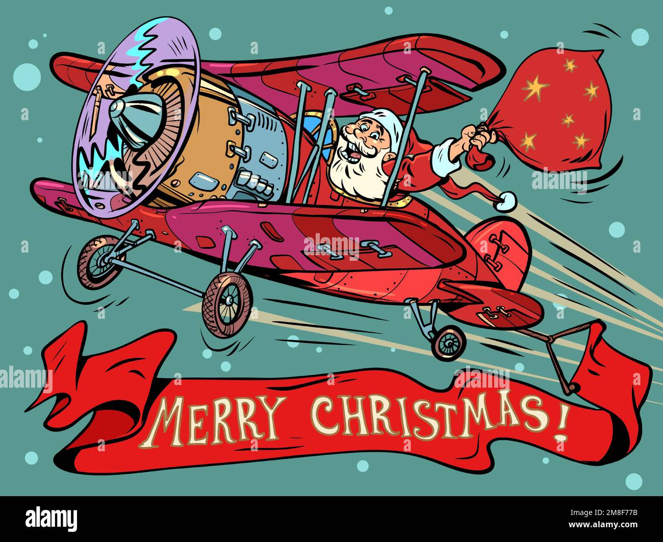 Santa claus with gifts flies on a retro plane. Merry christmas inscription. Holidays and new year theme. Cheerful old man character with a beard Stock Vector