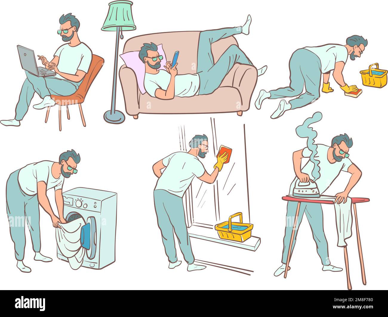 The man does household chores. working on a laptop. resting on the sofa. washes the floors. is washing clothes in a washing machine. washes windows Stock Vector