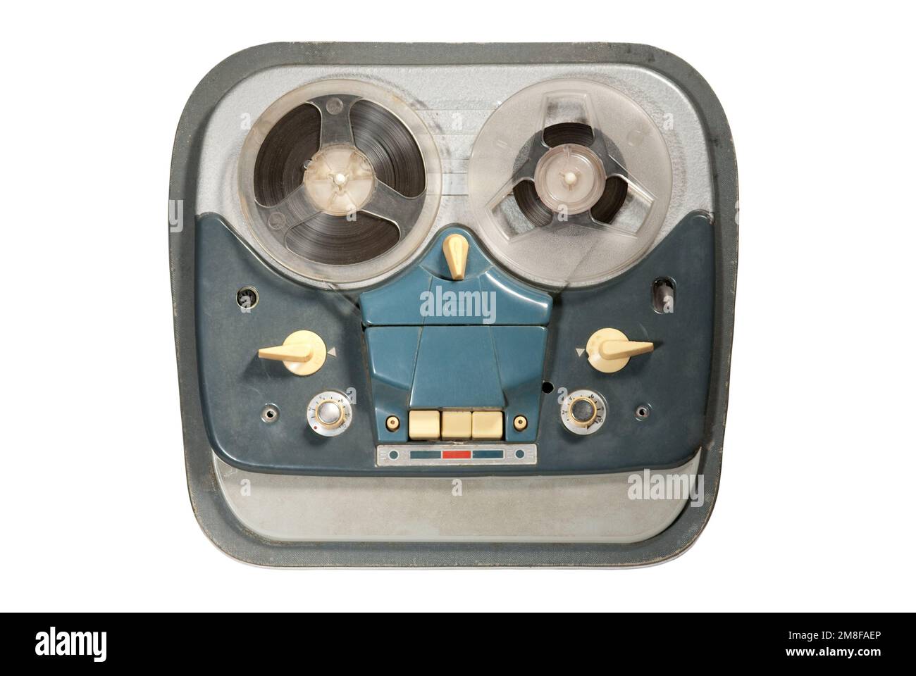 Retro reel-to-reel tape recorder isolated on white Stock Photo