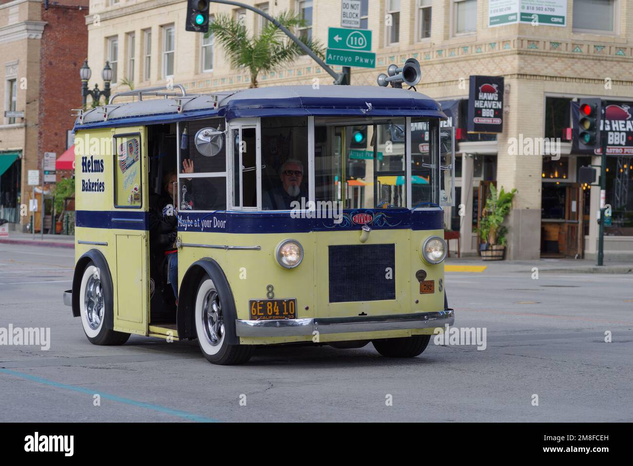 Pasadena, California, United States - January 1, 2023: 1930s Divco Milk Truck shown driving on Colorado Boulevard in the City of Pasadena on New Year' Stock Photo