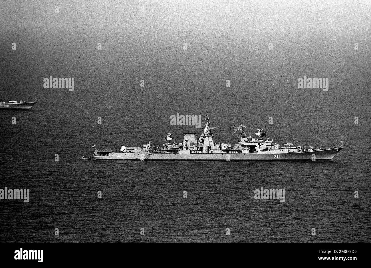 A starboard beam view of the Soviet Kara class guided missile cruiser