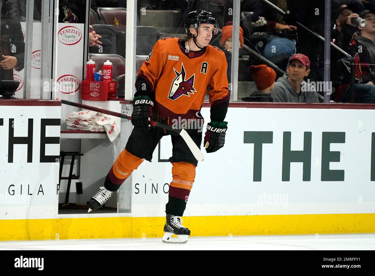 Arizona Coyotes right wing Clayton Keller leaves the penalty box after