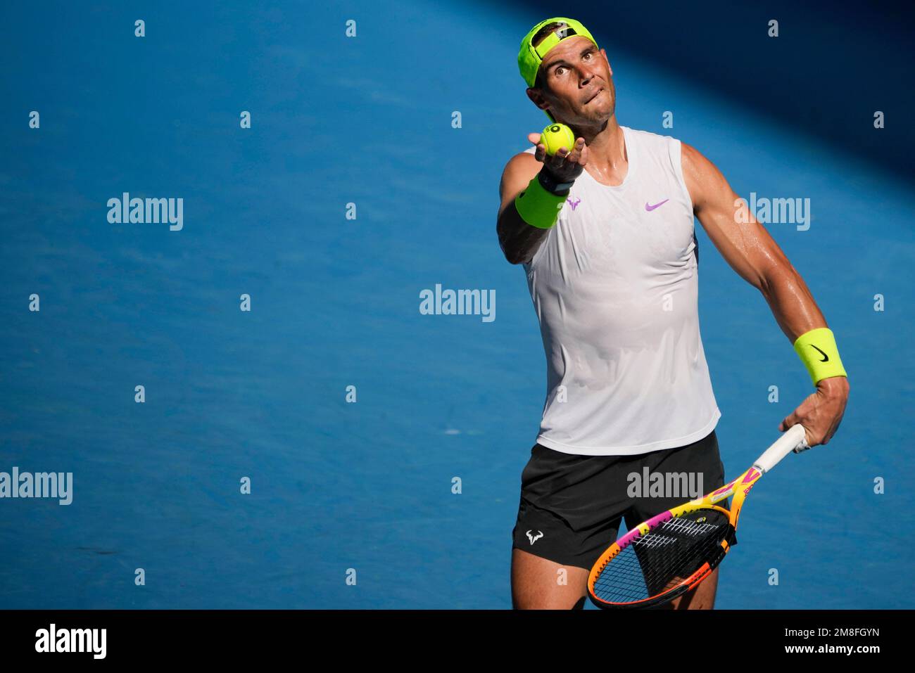 Spain's Rafael Nadal serves during a practice session ahead of the