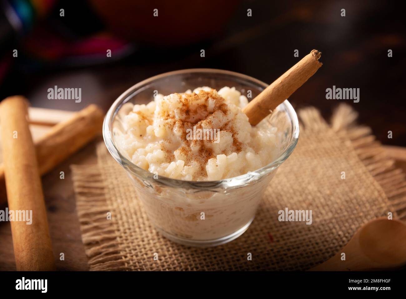 Rice pudding. Sweet dish made by cooking rice in milk and sugar, some recipes include cinnamon, vanilla or other ingredients, it is a very easy desser Stock Photo