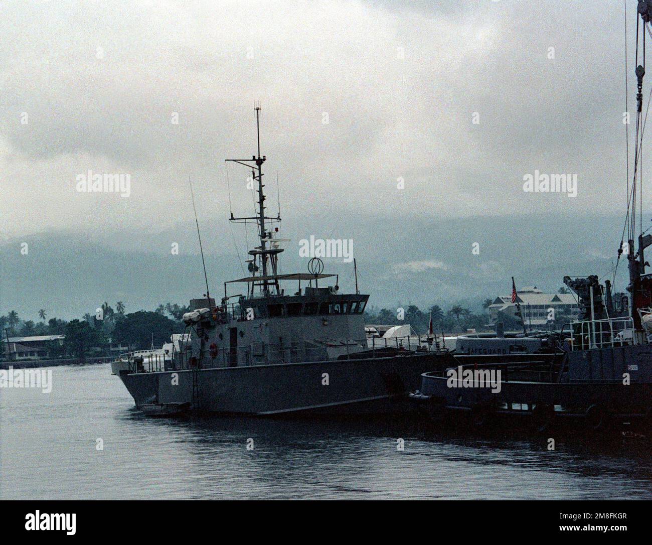 A starboard bow view of the Western Samoan patrol boat NAFANUA tied up