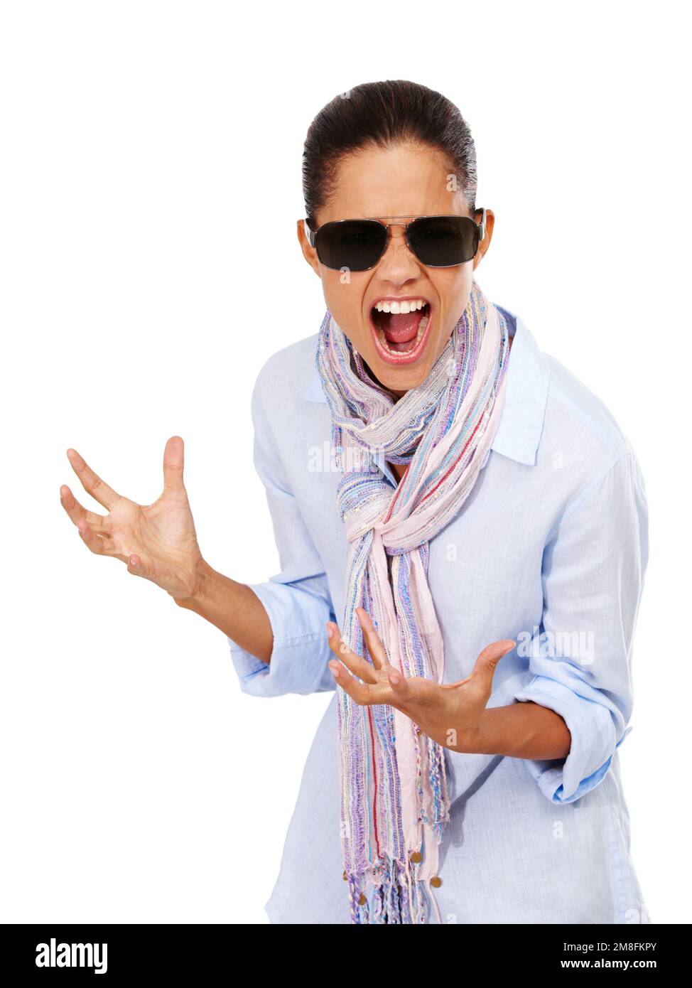 Angry, frustrated and anxiety of a woman with sunglasses in in studio