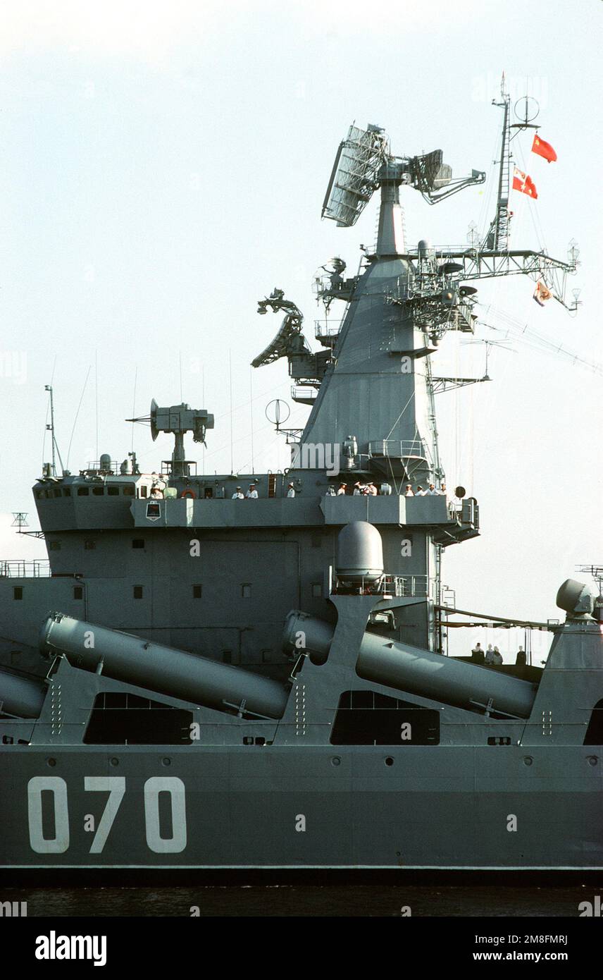 A port side amidships view of the Soviet guided missile cruiser MARSHAL