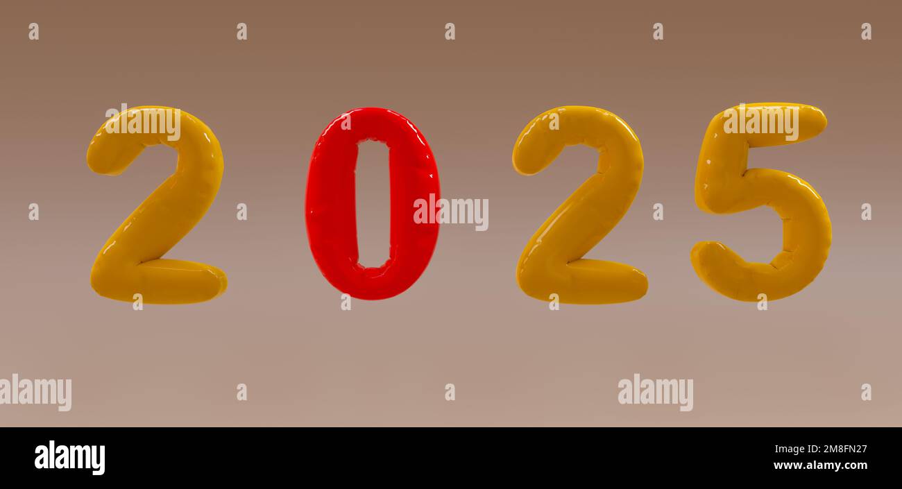 2025 text balloons letters on beige color background. 3d work Stock