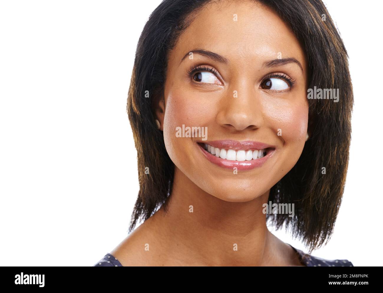 Mockup, happy ideas and black woman thinking of mindset, planning and remember memory