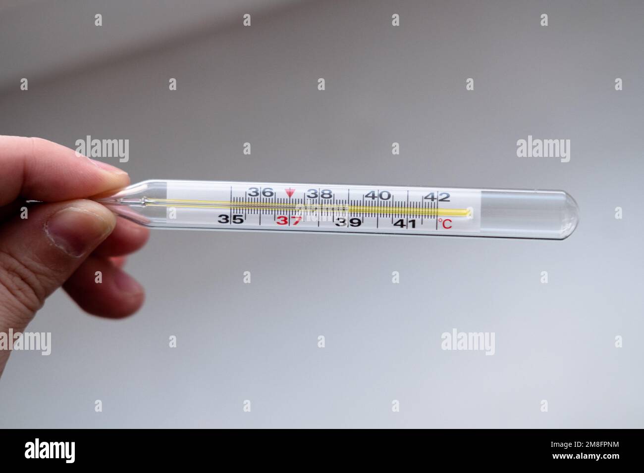 mercury thermometer with a temperature of 39 in the hands on a white