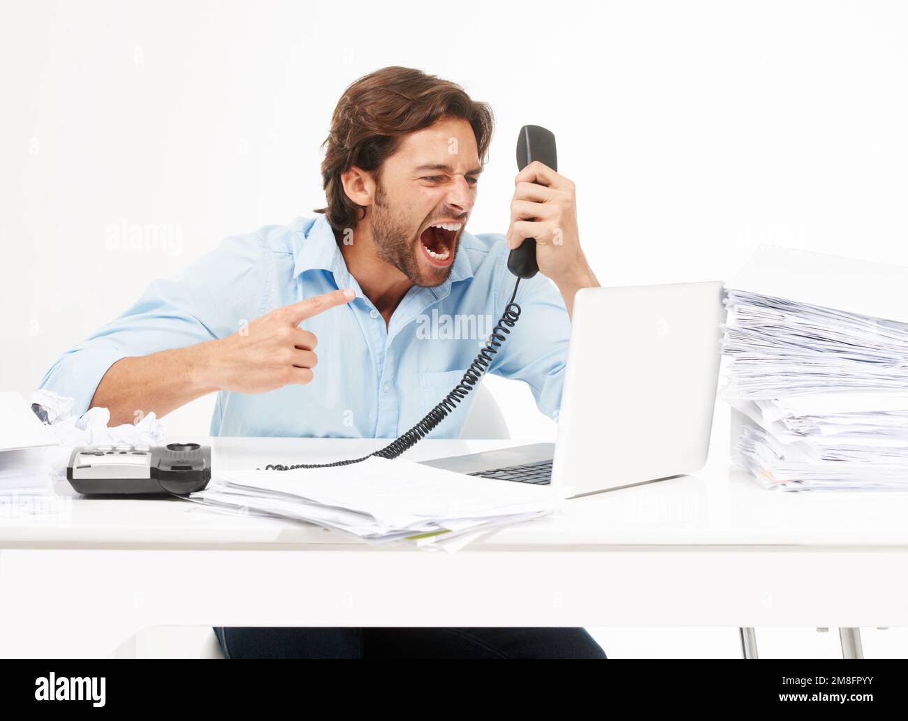 Telephone call, shout and business man angry over bad tech support, poor customer service or communication problem. Administration anger, accounting Stock Photo