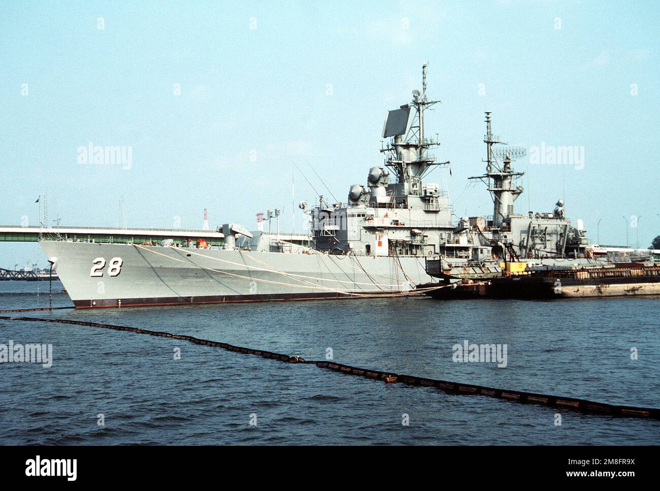 The guided missile cruiser USS WAINWRIGHT (CG 28) lies tied up at the