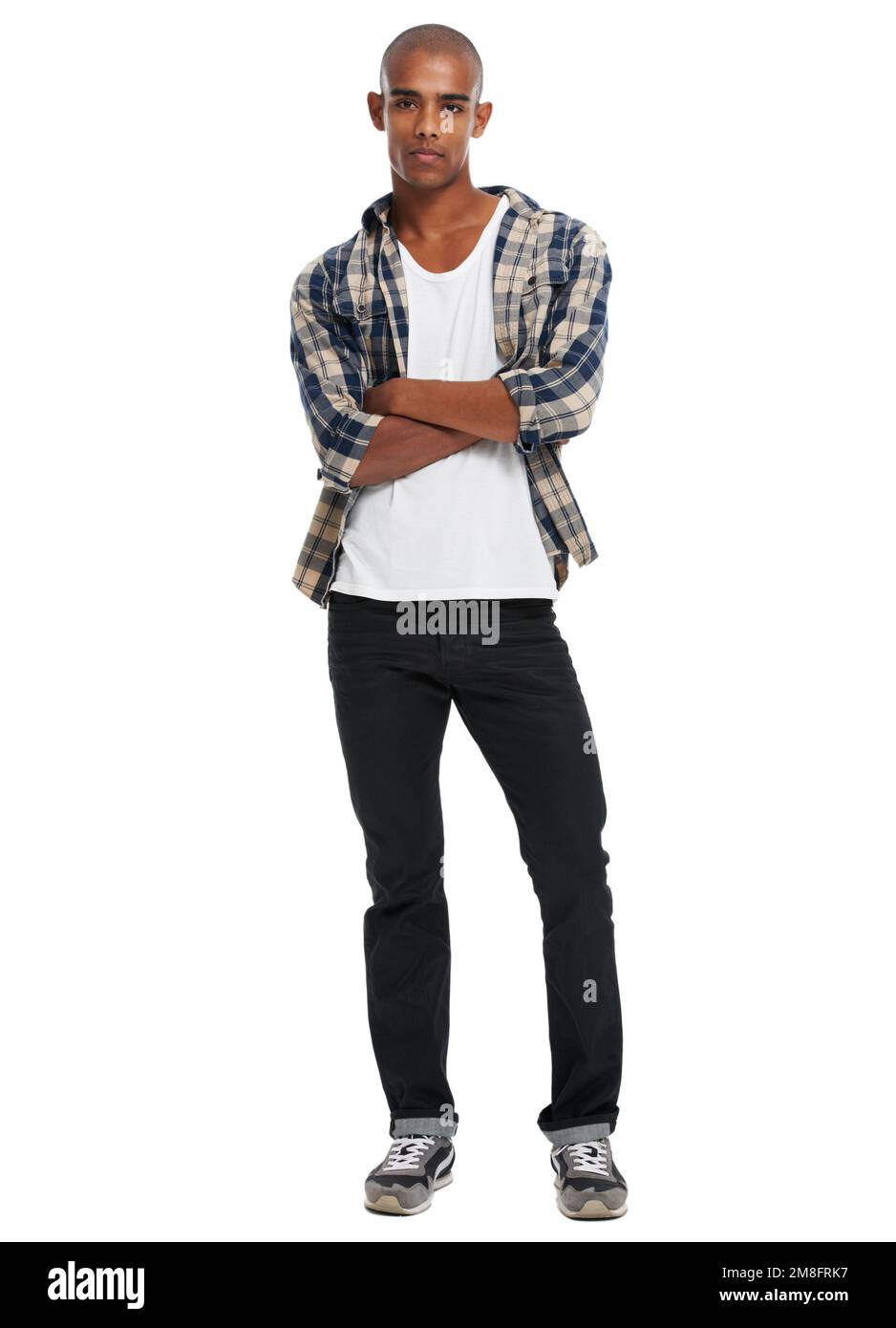 Young black man, studio portrait and arms crossed with confidence, attitude and style from Atlanta. Cool guy, fashion model and white background with Stock Photo