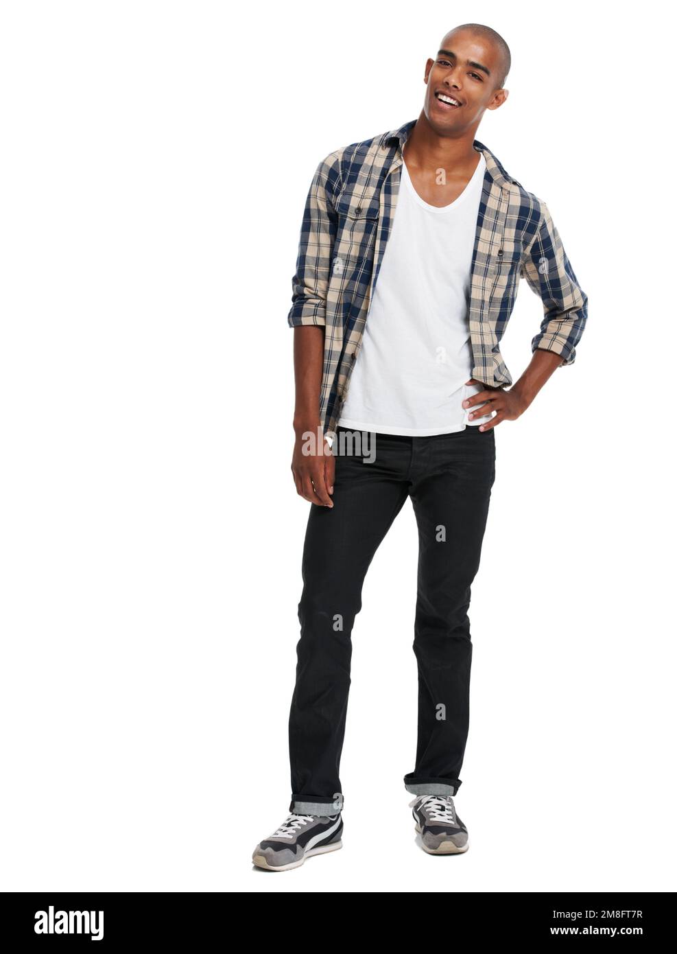 Happy black man, studio portrait and smile with confidence, happiness and style from Atlanta. Cool young guy, fashion model and white background with Stock Photo