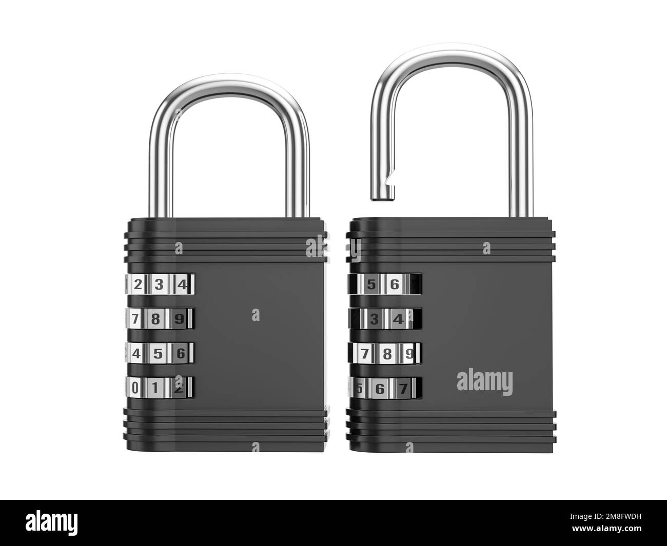 Padlock combination lock set on a white background. 3d illustration