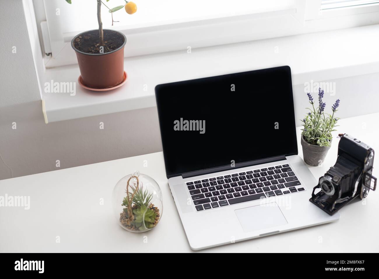 office photography desk table with laptop, tablet, camera. Top view