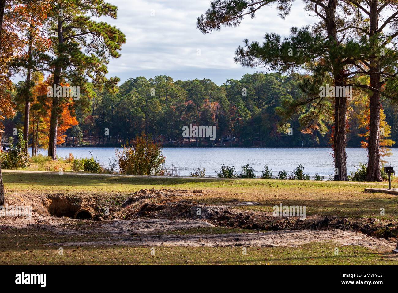 A scenic view of lake against autumn trees at Cheraw State Park in