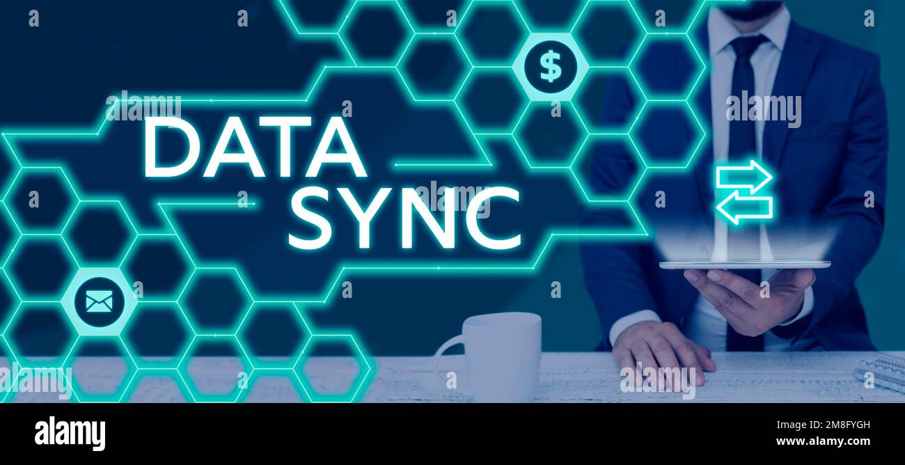 Writing displaying text Data Sync. Internet Concept data that is continuously generated by different sources Stock Photo