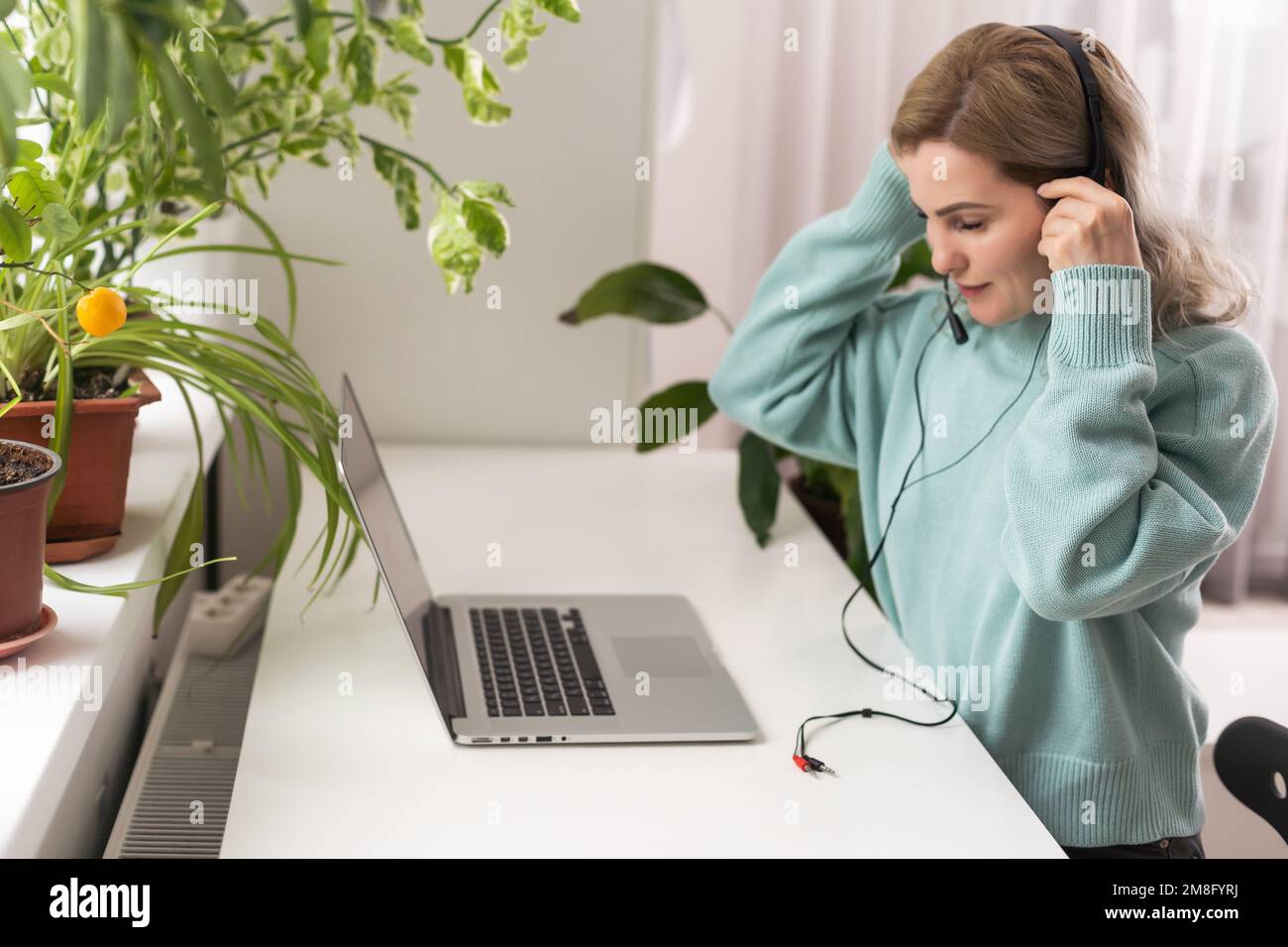 Young confident fun successful employee business woman in casual blue ...