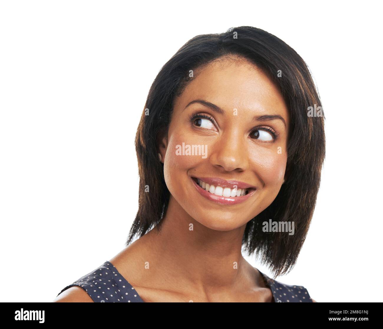 Mockup, happy thoughts and black woman thinking of ideas of mindset, planning or remember memory. Inspiration, solution and studio model question Stock Photo
