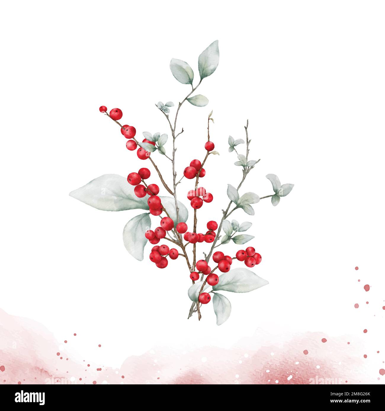 watercolor bouquet of berries branches on splash stain background. elements suitable for decorative Christmas festivals, Winter, New year invitations, Stock Vector