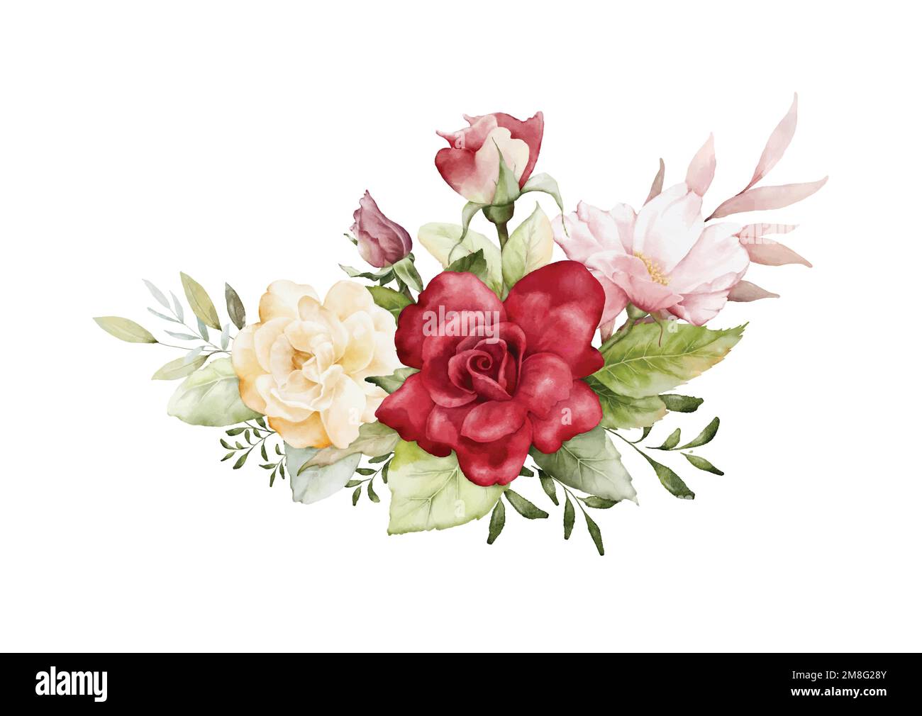 Watercolor arrangements with rose flowers. Bouquets of rose pink, red, yellow, and leaves composition for wedding, Valentine or greeting cards. Botani Stock Vector