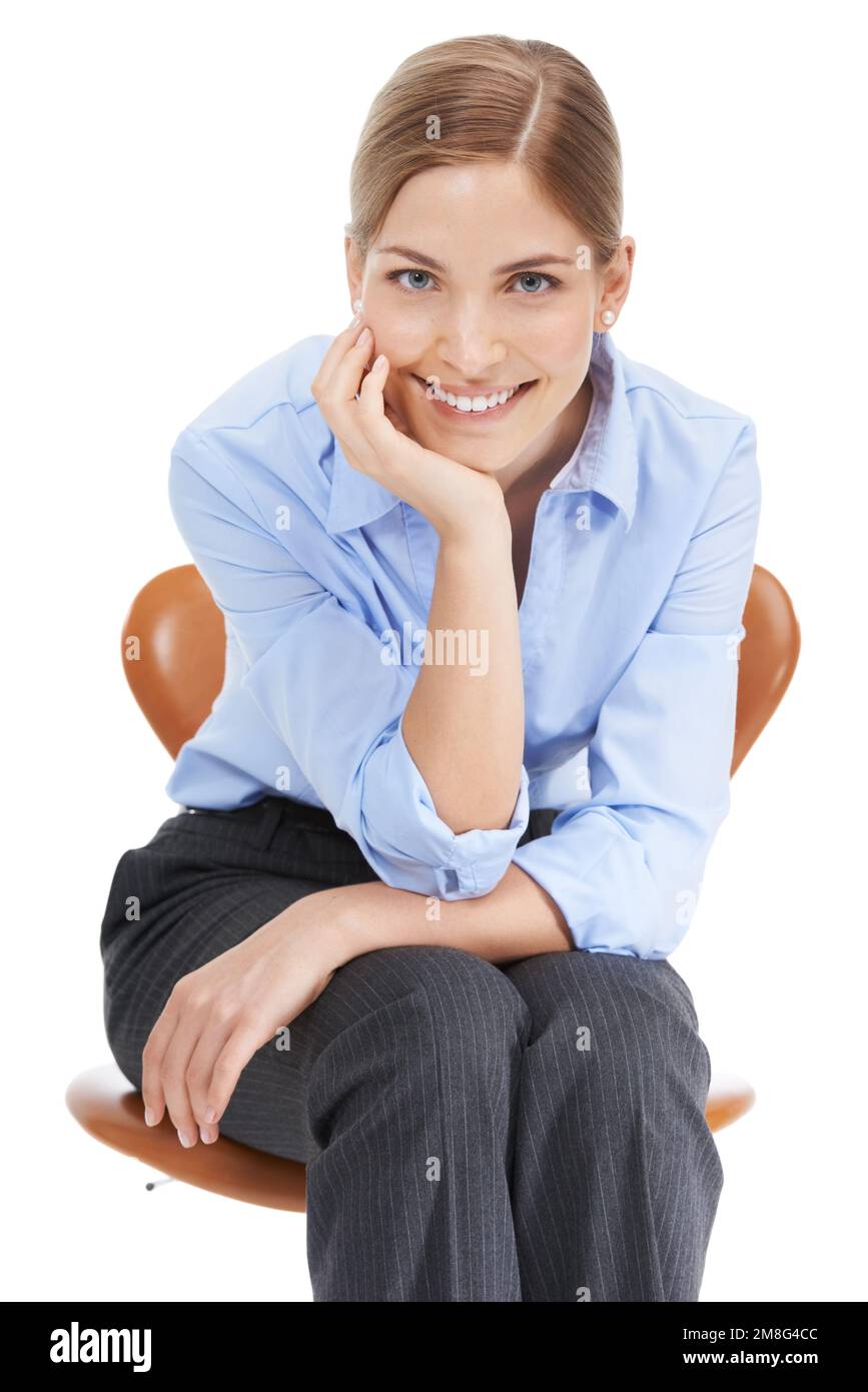 Woman, portrait and sitting on office chair in studio, white background