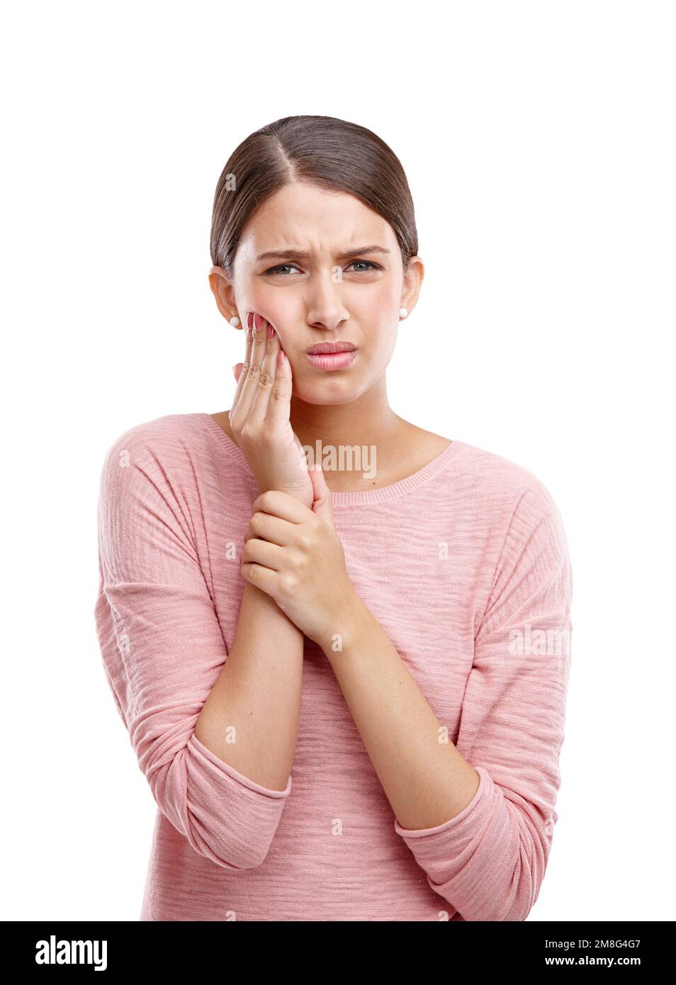 Woman, mouth and hands for toothache, dental wellness or upset portrait