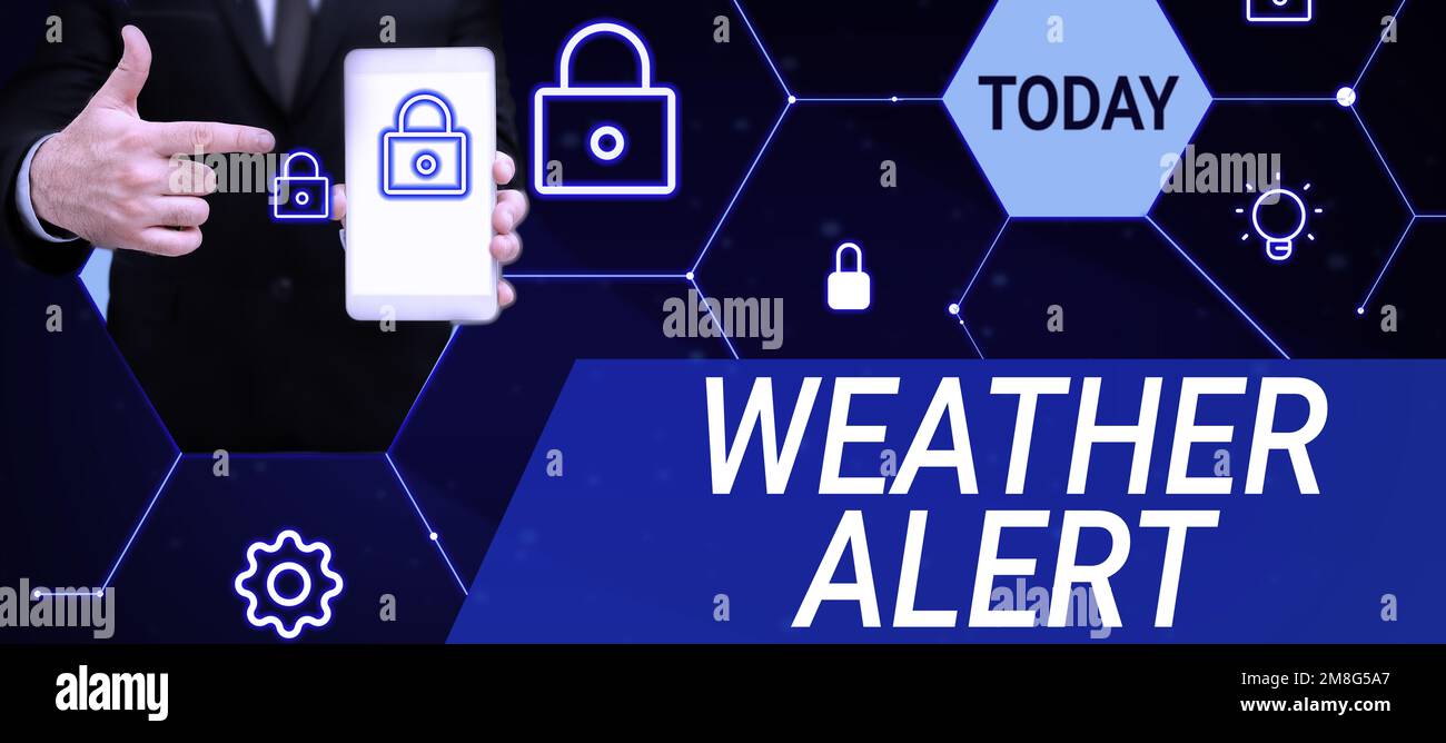 Conceptual caption Weather Alert. Word for urgent warning on the state