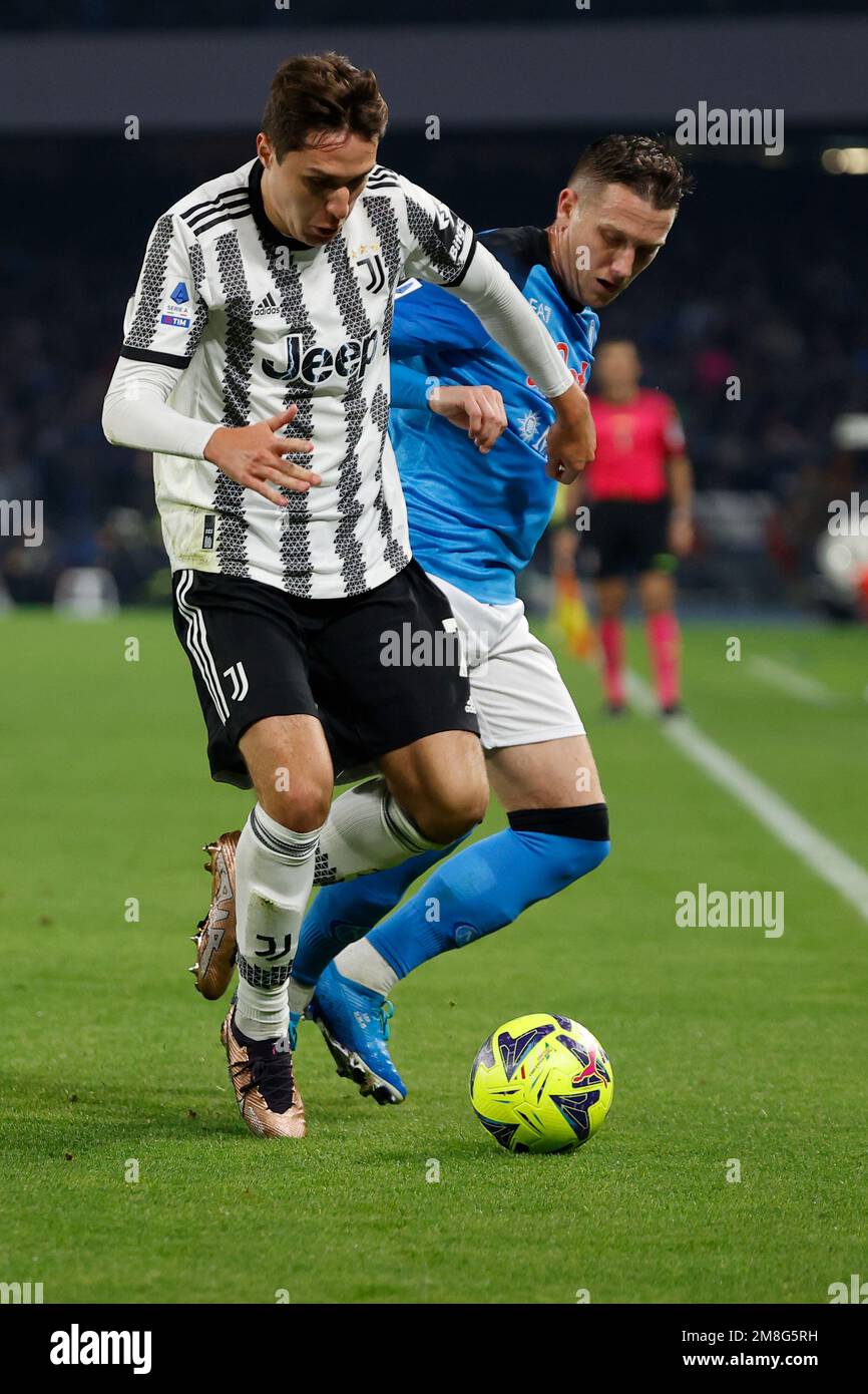 Naples, Italy. 13th Jan, 2023. Federico Chiesa of Juventus Piotr Zielinski  of Napoli during SSC Napoli vs Juventus FC, italian soccer Serie A match in  Naples, Italy, January 13 2023 Credit: Independent