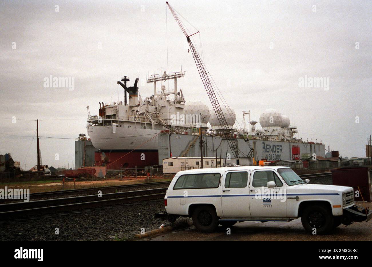 The Military Sealift Command missile range instrumentation ship USNS REDSTONE (T-AGM-20) in dry dock at Alabama Maritime Corporation Shipyard. Base: Mobile State: Alabama(AL) Country: United States Of America (USA) Stock Photo